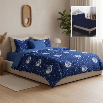 Lenjerie de pat din finet cu 6 piese, cearceaf pat cu elastic, cearceaf pilota 200 x 230 cm, 2 fete perna 50 x 70 cm si 2 fete perna 70 x 70 cm Galaxy