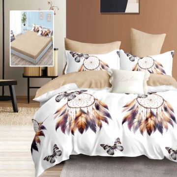 Lenjerie de pat din finet cu 6 piese, cearceaf pat cu elastic, cearceaf pilota 200 x 230 cm, 2 fete perna 50 x 70 cm si 2 fete perna 70 x 70 cm model cu pene crem