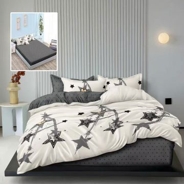 Lenjerie de pat din finet cu 6 piese, cearceaf pat cu elastic, cearceaf pilota 200 x 230 cm, 2 fete perna 50 x 70 cm si 2 fete perna 70 x 70 cm stelute