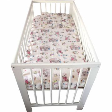 Lenjerie din bumbac cu 3 piese pentru patut Novokids Ursuleti Love Alb