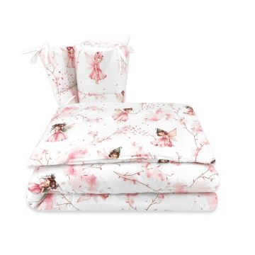 Lenjerie patut 3 piese, Qmini, Pentru patut 120x60 cm, Cu protectie laterala, Din bumbac certificat Oeko Tex Standard 100, Fairy Pink