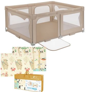 Pachet Tarc de joaca copii, Lionelo, Florence, 150 x 180 cm, Conform cu EN 12227:2010, Bej si Covoras educativ, Bocioland, Panda, Impermeabil, 150 x 180 cm