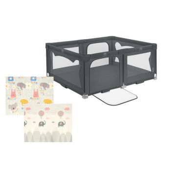 Pachet Tarc de joaca copii, Lionelo, Florence, 150 x 180 cm, Conform cu EN 12227:2010, Gri si Covoras educativ, Bocioland, Grey Elephant, Impermeabil, 150 x 180 cm