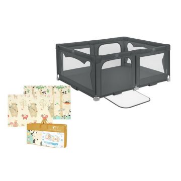 Pachet Tarc de joaca copii, Lionelo, Florence, 150 x 180 cm, Conform cu EN 12227:2010, Gri si Covoras educativ, Bocioland, Panda, Impermeabil, 150 x 180 cm