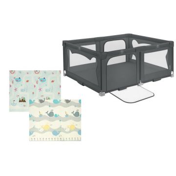 Pachet Tarc de joaca copii, Lionelo, Florence, 150 x 180 cm, Conform cu EN 12227:2010, Gri si Covoras educativ, Bocioland, Water City, Impermeabil, 150 x 180 cm