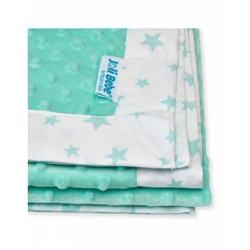 Paturica cu 2 fete din plus minky si bumbac 100 x 100 cm model stele, menta