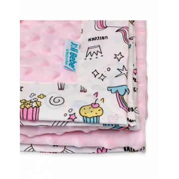 Paturica cu 2 fete din plus minky si bumbac 100 x 100 cm model unicorni, roz