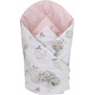 Paturica de infasat multifunctionala pentru nou-nascuti BabyMam Pink Elephant, din bumbac cu doua fete, fixare cu velcro, dimensiune 80 x 80 cm