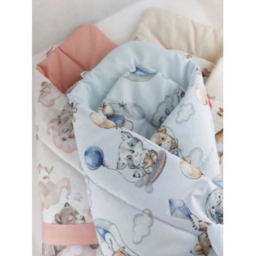 Paturica multifunctionala de infasat bebelusi Bocioland Fox and Bunny 80x80 cm, din bumbac 100, fixare cu panglica asortata