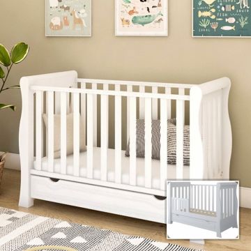 Patut 2 in 1 Megan alb din lemn cu somiera reglabila, trepte detasabile, bariera transformare si sertar integrat 120 x 60 cm