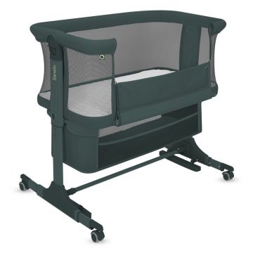 Patut co-sleeper, Lionelo, Jodie, Multifunctional, Reglabil in 6 pozitii pe inaltime, Saltea cu densitate T25, Functie de leganare, Cu plasa de tantari, Buzunar depozitare, Geanta transport, 84x48x70-80 cm, Verde inchis