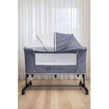 Patut Co-sleeper multifunctional 4 in 1 AppeKids Dreamy Grey cu inclinare antireflux, functie de leganare manuala, 5 niveluri de reglare a inaltimii, accesorii incluse