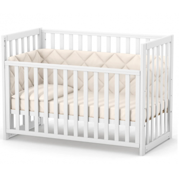 Patut din lemn masiv de fag LD13 pentru copii 0-4 ani, 120x60 cm, cu sina pentru dentitie, inaltimea saltelei reglabila si laterala detasabila, alb