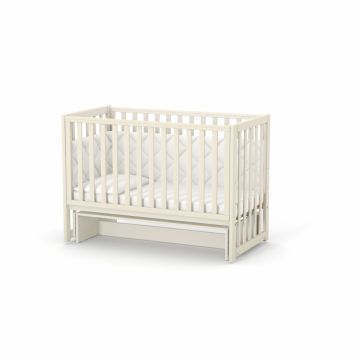 Patut din lemn masiv de fag LD13 pentru copii 0-4 ani, 120x60 cm, cu sina pentru dentitie, inaltimea saltelei reglabila si laterala detasabila, bej