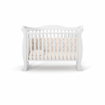 Patut din lemn masiv de fag LD19 pentru copii 0-4 ani, 120x60 cm, cu sina pentru dentitie, inaltimea saltelei reglabila si laterala detasabila, alb