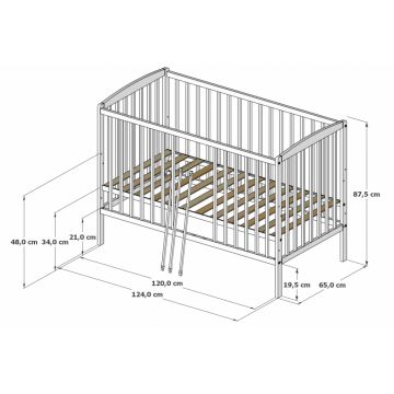Patut din lemn Nichiduta Grace Alb 120x60 cm cu bariera inclusa,recomandat pana la 4 ani,somiera reglabila pe 3 nivele,sistem 3 bare detasabile