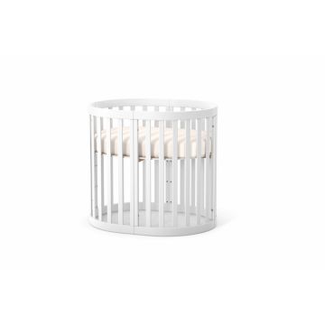 Patut oval pentru copii 90x70 cm LD14 Alb din lemn masiv de fag, 0-12 luni, saltea inclusa, cu posibilitate de extensie, inaltimea saltelei reglabila