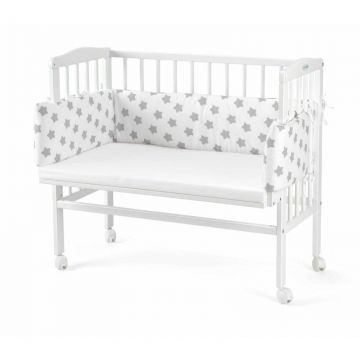 Patut pentru copii, Waldin, 2in1, 90 cm x 55 cm, lemn de fag, vopsea certificata, roti blocabile, laterala detasabila, co-sleeping, Saltea inclusa, Aparatoare laterala din bumbac, Alb, SX18