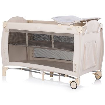 Patut pliabil Chipolino Bella Cashmere cu 2 nivele, saltea de infasat, intrare laterala cu fermoar, carusel muzical cu jucarii, tava pentru accesorii si geanta de transport