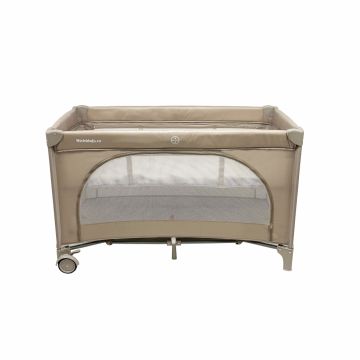 Patut pliabil de calatorie pentru copii Nichiduta beige, multifunctional 2 in 1, cadru din otel, material poliester 210D, roti cu franare, dimensiune 125 x 65 x 77 cm, geanta de transport inclusa