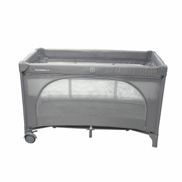 Patut pliabil de calatorie pentru copii Nichiduta grey, multifunctional 2 in 1, cadru din otel, material poliester 210D, roti cu franare, dimensiune 125 x 65 x 77 cm, geanta de transport inclusa