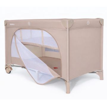 Patut pliabil pentru copii Nichiduta Beige, cu doua nivele, multifunctional 2 in 1, cadru din otel, material poliester 210D, roti cu franare, dimensiune 125 x 65 x 77 cm, geanta de transport inclusa