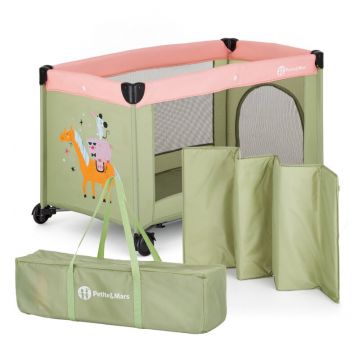Patut pliant, Petite&Mars, Koot, 120 x 60 cm, Cu roti, Functie de tarc, Pliere compacta, Include geanta de transport, Intrare laterala cu fermoar, Pereti din plasa, Pana la 15 kg, 0-30 luni, Boho