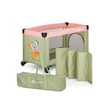 Patut pliant, Petite&Mars, Koot, 120 x 60 cm, Cu roti, Functie de tarc, Pliere compacta, Include geanta de transport, Intrare laterala cu fermoar, Pereti din plasa, Pana la 15 kg, 0-30 luni, Boho