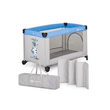 Patut pliant, Petite&Mars, Koot, 120 x 60 cm, Cu roti, Functie de tarc, Pliere compacta, Include geanta de transport, Intrare laterala cu fermoar, Pereti din plasa, Pana la 15 kg, 0-30 luni, Gri