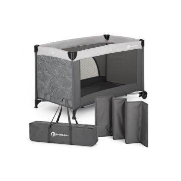Patut pliant, Petite&Mars, Nyja, 120 x 60 cm, Cu roti, Functie de tarc, Pliere compacta, Include geanta de transport, Intrare laterala cu fermoar, Pereti din plasa, Pana la 15 kg, 0-30 luni, Gri