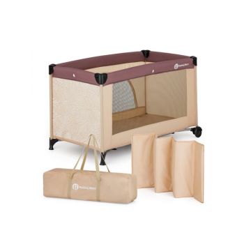 Patut pliant, Petite&Mars, Nyja, 120 x 60 cm, Cu roti, Functie de tarc, Pliere compacta, Include geanta de transport, Intrare laterala cu fermoar, Pereti din plasa, Pana la 15 kg, 0-30 luni, Maro