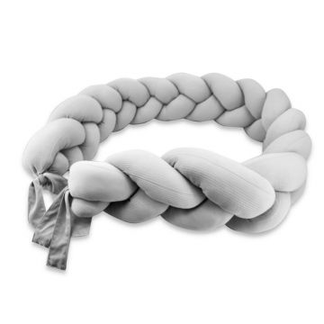 Protectie laterala, MimiNu, Pentru patut, Tip Bumper impletit, Din bumbac interlock, 240 cm, Soft Gray