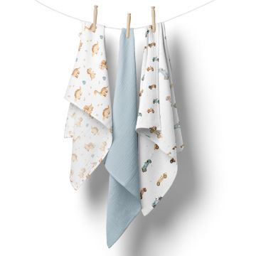 Set 3 scutece multifunctionale Bocioland Blue 70x70 cm din muselina 100 bumbac,suprafata texturata,moale si absorbanta