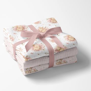 Set 3 scutece multifunctionale Bocioland Roz 70x70 cm din muselina 100 bumbac,suprafata texturata,moale si absorbanta