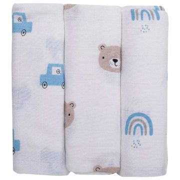 Set 3 Scutece Nou nascuti Muselina FreeON 80x80 alb albastru bej