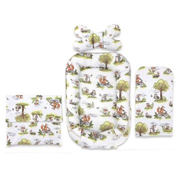 Set 4 in 1 Cosulet bebelus, Qmini, Baby Cocoon 75x55 cm, Din bumbac certificat Oeko Tex Standard 100, Cu paturica, Cu salteluta, Cu perna fluture, Fox on Bikes Natural