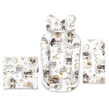 Set 4 in 1 Cosulet bebelus, Qmini, Baby Cocoon 75x55 cm, Din bumbac certificat Oeko Tex Standard 100, Cu paturica, Cu salteluta, Cu perna fluture, Teddy Bear and Friends Beige