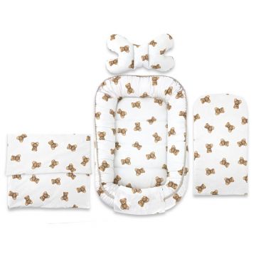 Set 4 in 1 Cosulet bebelus, Qmini, Baby Cocoon 75x55 cm, Din bumbac certificat Oeko Tex Standard 100, Cu paturica, Cu salteluta, Cu perna fluture, Teddy Toys