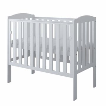 Set Patut din lemn Nichiduta Tobi White 100x50 cm cu saltea inclusa,laterala culisanta,margine din silicon,design modern,margini rotunjite,3 nivele de reglare somiera