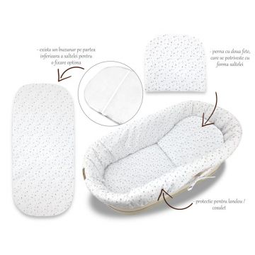 Set pentru landou/cosulet, MimiNu, Cu protectie, saltea si pernuta, Din bumbac certificat Oeko Tex Standard 100, Mini Gray Stars