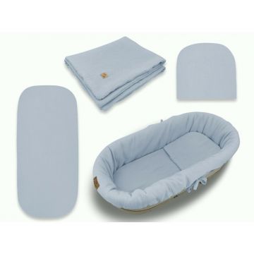 Set pentru landou/cosulet, Qmini, Cu protectie, pilota, saltea, pernuta, Din muselina dubla, Material certificat Oeko Tex Standard 100, Jeans