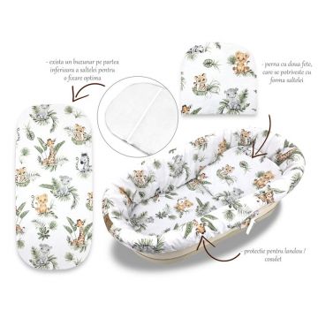 Set pentru landou/cosulet, Qmini, Cu protectie, saltea si pernuta, Din bumbac certificat Oeko Tex Standard 100, Safari