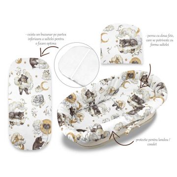 Set pentru landou/cosulet, Qmini, Cu protectie, saltea si pernuta, Din bumbac certificat Oeko Tex Standard 100, Teddy Bear and Friends Beige