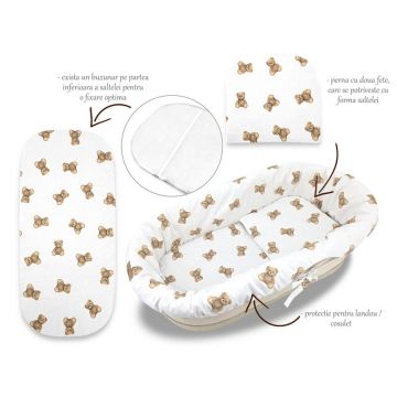 Set pentru landou/cosulet, Qmini, Cu protectie, saltea si pernuta, Din bumbac certificat Oeko Tex Standard 100, Teddy Toys