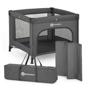 Tarc pliant, Petite&Mars, Nook, 90 x 90 cm, Pliere compacta, Include geanta de transport, Intrare laterala, Pereti din plasa, Structura stabila, Pana la 15 kg, 0 luni+, Gri