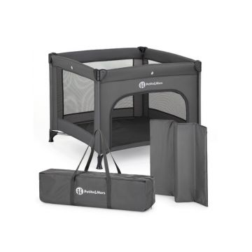 Tarc pliant, Petite&Mars, Nook, 90 x 90 cm, Pliere compacta, Include geanta de transport, Intrare laterala, Pereti din plasa, Structura stabila, Pana la 15 kg, 0 luni+, Gri