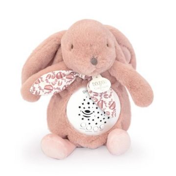 Veioza muzicala cu proiectie, Doudou, Iepuras pufos, 19 cm, Roz