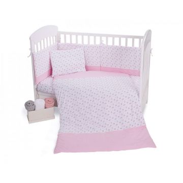 Lenjerie patut cu 5 piese cu aparatoare laterala Pink Flower 120x60cm Lenjerie patut cu 5 piese cu aparatoare laterala Pink Flower 120x60cm