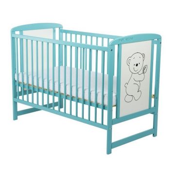 Patut din lemn Timmi BabyNeeds120x60 cm cu laterala culisanta Mint + Saltea 12 cm