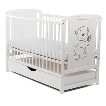 Patut din lemn Timmi BabyNeeds 120x60 cm cu sertar Alb + Saltea 12 cm